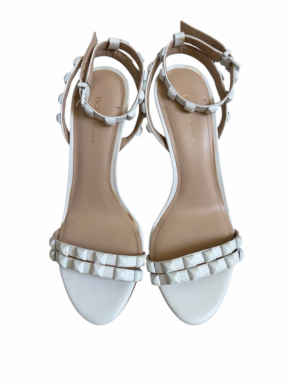 BCBGeneration New Leisa Dacotah White Studded Ankle Strap Heel Sandals Size 7.5 - Picture 2 of 11